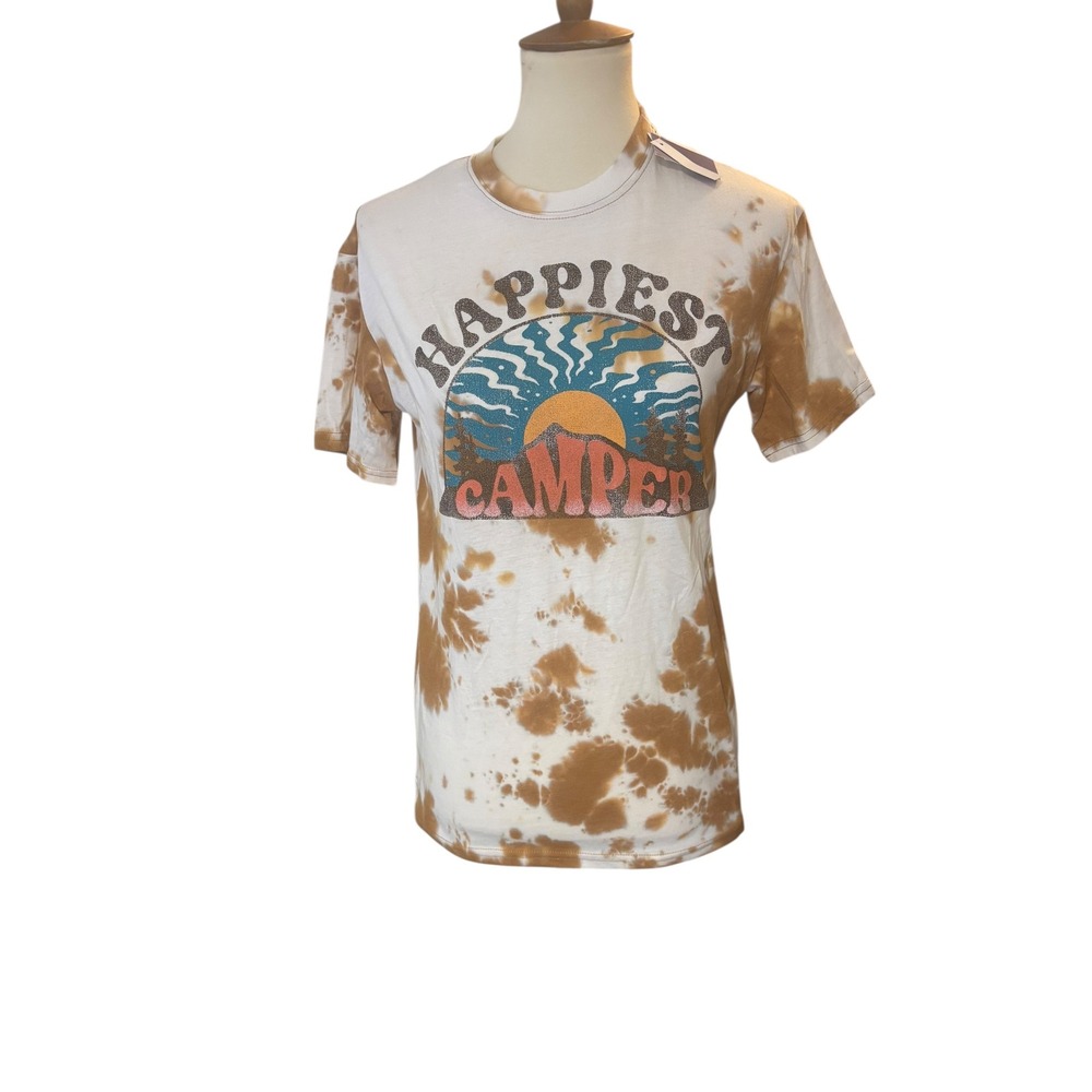 Happy Camper Cow‎ Print Tee SZ Small. NEW! Novelty. Cotton blend. Fun. Vacation.
